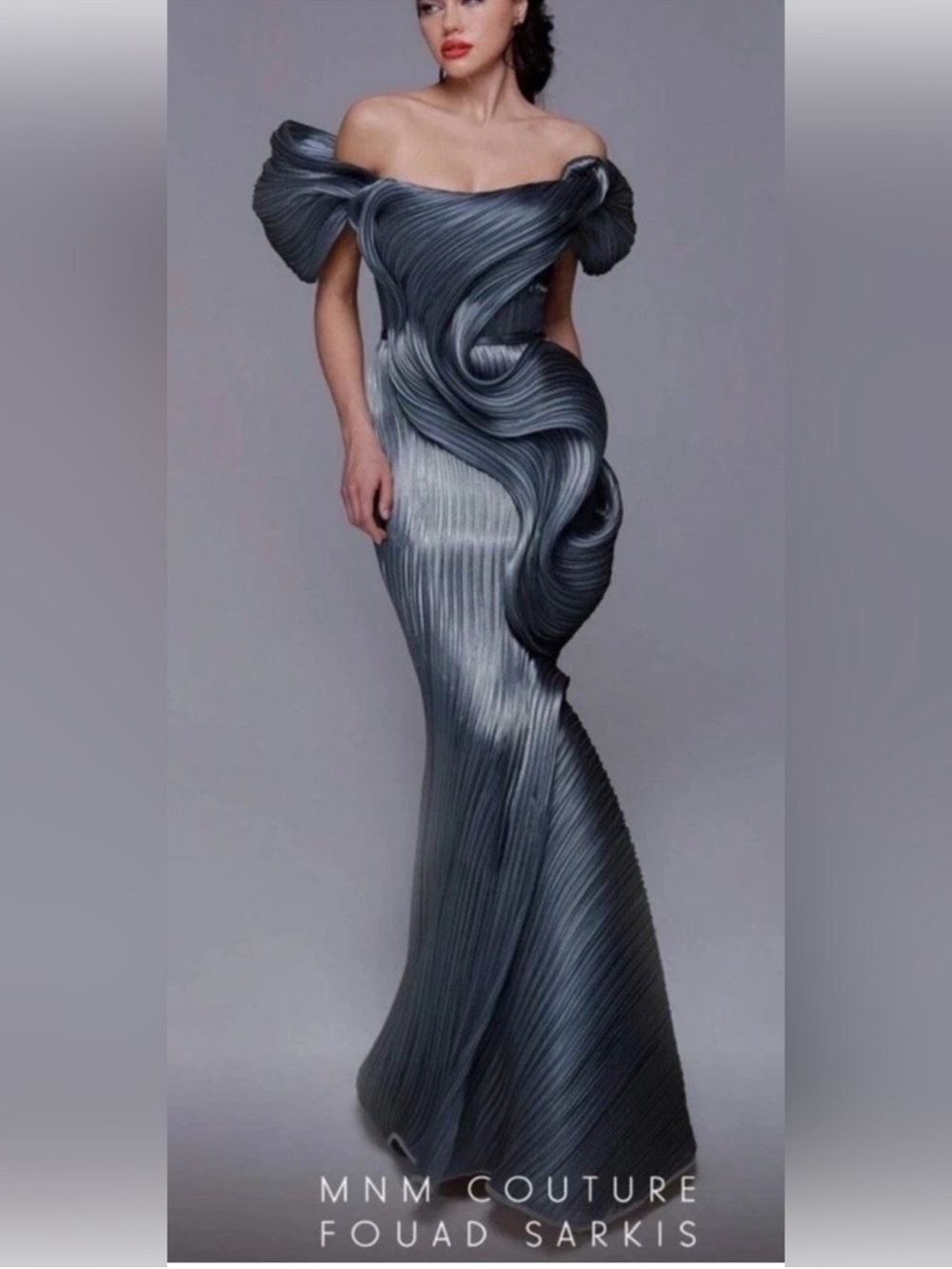 MNM Couture by Fouad Sarkis Off-Shoulder Sculpted Gray Evening Gown